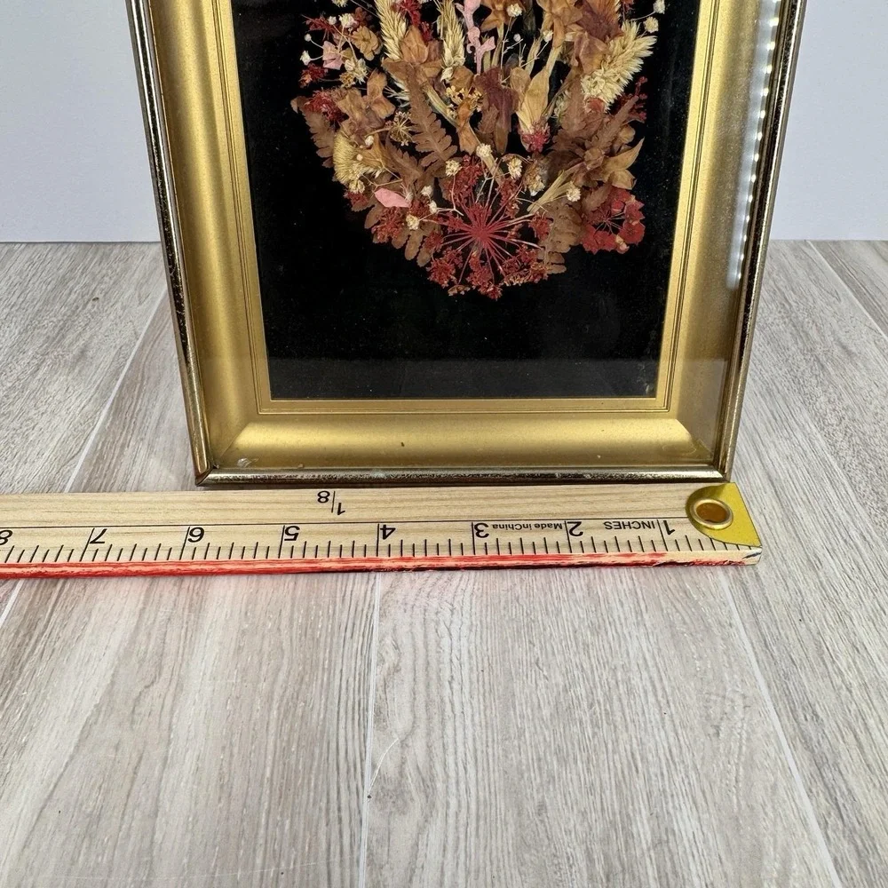 Vintage Pressed Flower Art Shadow Box Gold Frame Velvet Background Floral‎ Decor